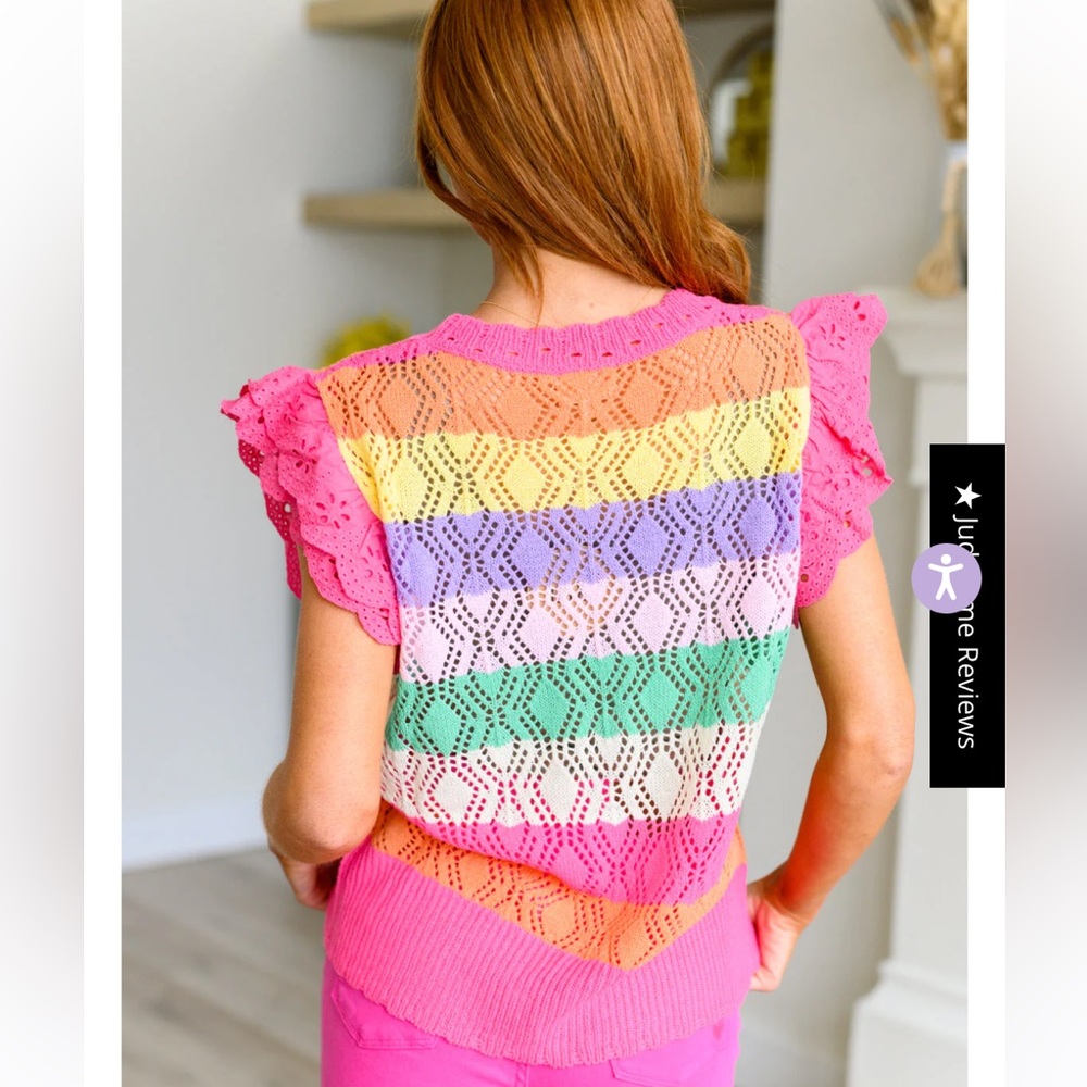 Pink Pointelle Multi Color Striped Ruffled Crochet Tunic Top - Picture 7 of 7